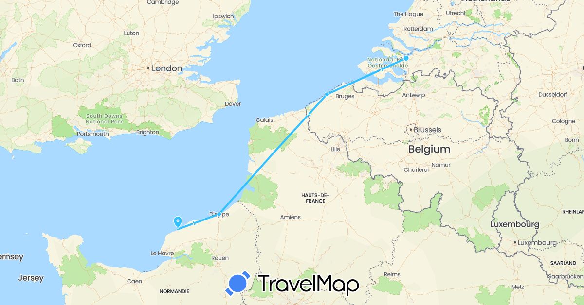 TravelMap itinerary: driving, boat in Belgium, France, Netherlands (Europe)